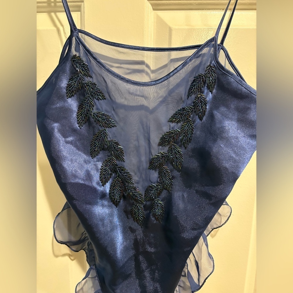 Victoria’s Secret vintage gold label beaded satin ruffled bodysuit M navy blue - Picture 2 of 5